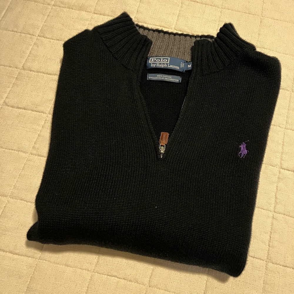Ralph Lauren Black Quarter  Zip-Up Sweater with Purple Logo Size M
